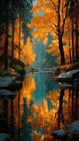 Autumn reflections in a tranquil forest stream with vibrant orange leaves under a clear sky at sunrise photo