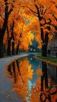 Autumn leaves reflect in calm waters of a serene park with vibrant trees and clear skies during a peaceful afternoon photo