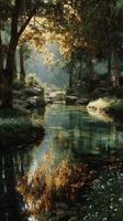 Beautiful serene river reflecting golden leaves amidst lush greenery in a tranquil forest setting photo