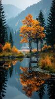 Autumn landscape with colorful trees reflecting on calm water in a serene mountain setting photo