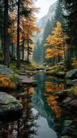 Autumn trees reflect in serene mountain stream surrounded by vibrant foliage in a tranquil natural setting photo