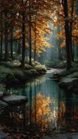 Tranquil autumn forest with golden leaves reflecting in a serene stream photo