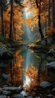Autumn forest landscape with a reflective river during golden hour in a serene nature setting photo