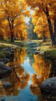 Beautiful autumn landscape with golden trees reflecting in calm water under clear sky photo