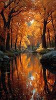 Autumn trees line a tranquil river reflecting vibrant orange and gold foliage in a peaceful forest setting during sunset photo