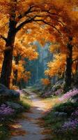 Vibrant autumn pathway lined with orange trees and wildflowers in a tranquil forest setting photo