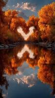 Autumn trees form a heart shape above a tranquil river reflecting colorful foliage and clouds during golden hour photo
