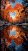 Beautiful autumn reflection in a tranquil river surrounded by vibrant orange and yellow trees in a serene nature setting photo