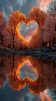 Colorful autumn trees create heart shape reflected in calm water at sunset photo