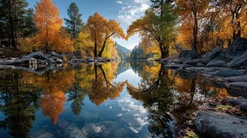 Stunning autumn landscape reflects vibrant colors of trees in a calm river under a bright blue sky photo