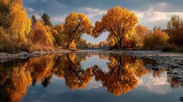 Autumn trees reflect in calm river under cloudy sky during sunset photo