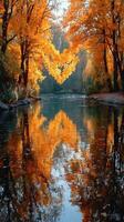Stunning autumn landscape showcasing vibrant orange trees reflecting on a tranquil river at sunset photo