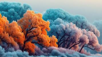 Vibrant autumn colors blend with frost-covered trees in a serene landscape at dawn photo