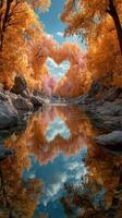 Captivating autumn landscape featuring vibrant orange trees beside a serene river under a clear blue sky photo
