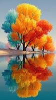Colorful autumn trees reflect in still water at lakeside on a calm day photo
