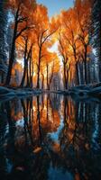 Autumn foliage reflected in still water amidst golden trees in a serene forest setting photo