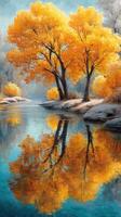 Vibrant autumn trees reflecting in calm waters under a clear blue sky in a serene landscape setting photo