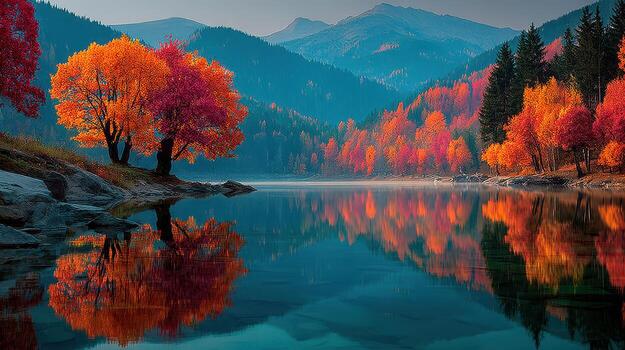 Vibrant autumn landscape with colorful foliage reflecting in tranquil lake under a clear sky photo