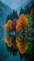 vibrante otoño colores reflejado en todavía agua en un tranquilo montaña paisaje foto