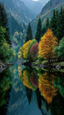 Vibrant fall foliage reflections in a tranquil river surrounded by mountains at dusk