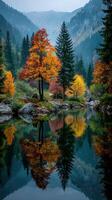 Vibrant autumn colors reflected in a tranquil lake surrounded by lush mountains at dawn photo