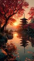 Majestic pagoda at sunset reflects on tranquil waters surrounded by vibrant autumn foliage photo