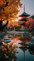 Beautiful autumn landscape featuring a traditional pagoda, vibrant fall foliage, and a serene pond at sunset photo