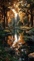 Autumn reflections in a serene forest stream surrounded by vibrant foliage and tranquil scenery photo