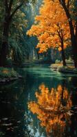 Autumn trees with vibrant orange leaves reflecting on a tranquil pond in a serene park setting photo