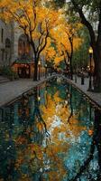 Autumn reflections in a peaceful canal lined with golden trees in an urban setting at dusk photo