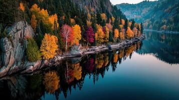 Autumn landscape of colorful trees reflecting on a calm lake surrounded by mountains at dawn photo