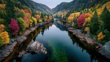 Beautiful autumn landscape showcasing colorful foliage reflected in a serene river in the mountains photo