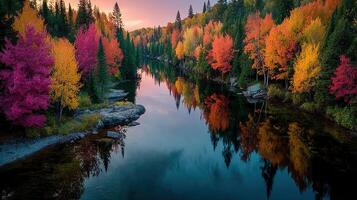 Vibrant autumn foliage reflecting in calm river at sunset in a serene forest landscape photo