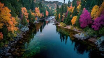 River surrounded by vibrant autumn foliage with colorful trees reflecting in calm waters at twilight photo