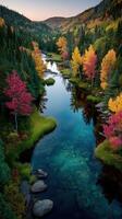Colorful autumn trees reflect in a serene river surrounded by lush greenery in a tranquil forest setting photo