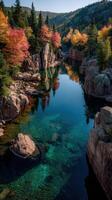 Scenic river reflecting autumn foliage in a tranquil natural landscape with clear water and rocky formations photo
