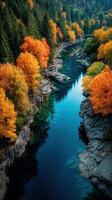 Beautiful autumn landscape with vibrant orange trees reflecting in a tranquil river surrounded by rocks and greenery photo