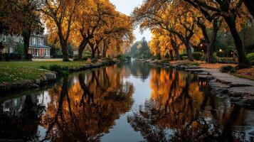 Vibrant autumn colors reflecting on a serene waterway surrounded by trees in a peaceful park setting photo