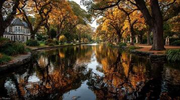 Autumn reflections on a tranquil canal surrounded by vibrant foliage in a peaceful park setting photo