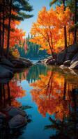 Autumn colors reflect on calm water in a serene forest setting during midday photo