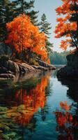 Autumn colors reflect in calm water at a serene lakeside location surrounded by vibrant trees and rocky landscape photo