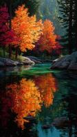 Colorful autumn trees reflect in a serene river surrounded by rocky banks in a tranquil landscape setting photo