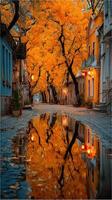 Vibrant autumn street lined with orange trees and reflective puddles in a charming village at dusk photo