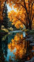 Colorful autumn landscape featuring vibrant orange trees by a serene river in a tranquil nature setting photo