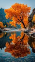 Stunning autumn landscape featuring a vibrant orange tree reflected in a serene river near rocky terrain photo