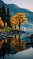 reflexiones de otoño arboles por el calma río en el montañas durante dorado hora foto