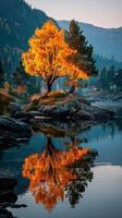 Autumn trees reflect in calm lake near mountains during sunset photo