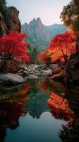 Majestic autumn landscape with vibrant red trees reflecting in tranquil water at mountain river photo
