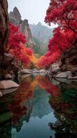 Stunning autumn colors create a serene reflection in a tranquil river surrounded by mountains and vibrant trees photo