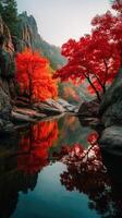 Vibrant autumn foliage reflected in a tranquil lake surrounded by rocky cliffs photo